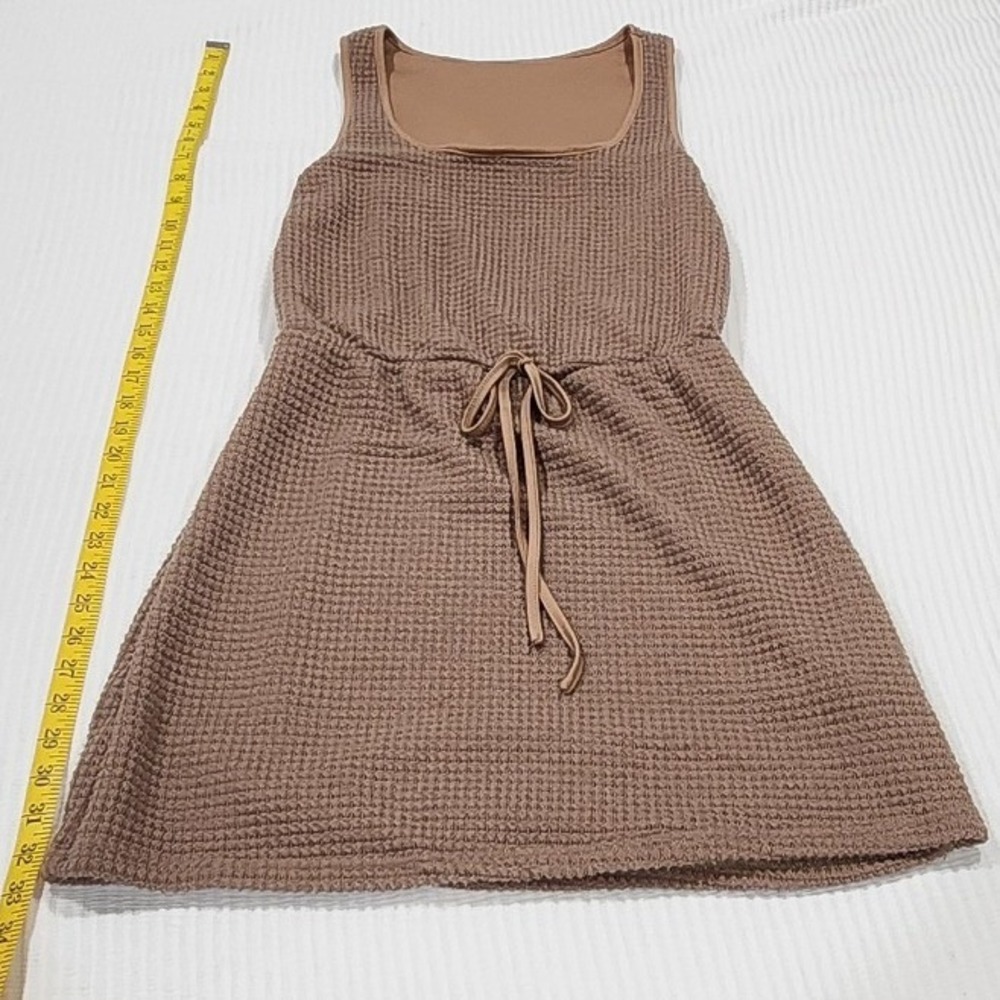 Emery Rose Brown Waffle Knit Sleeveless Jumper Dress Square Neck Drawstring S